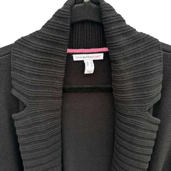 Isaac Mizrahi Womens Black Ribbed Open Front Knit Cardigan Sweater Pockets L - Picture 6 of 12